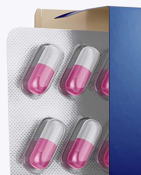 Opened Paper Box &amp; Pills Blister Mockup - Half Side View