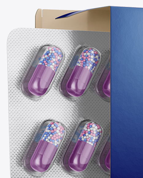 Opened Paper Box & Pills Blister Mockup - Half Side View