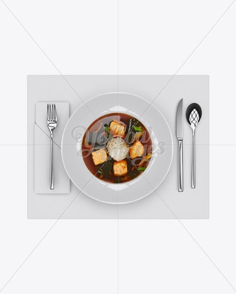 Plate with Salmon Miso Soup and Cutlery Mockup - Top View - Free