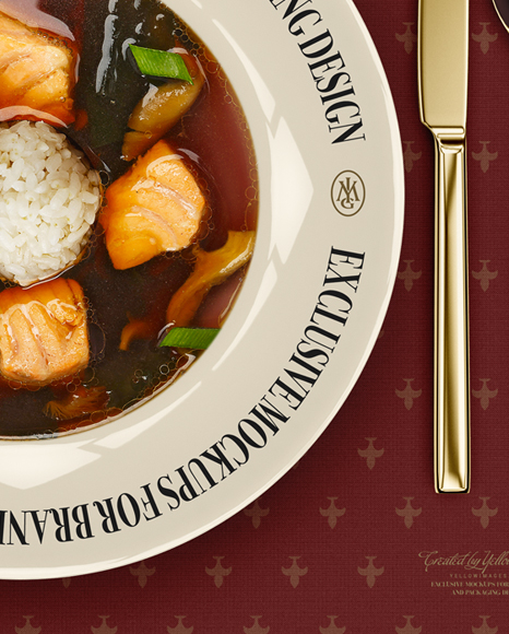 Plate with Salmon Miso Soup and Cutlery Mockup - Top View