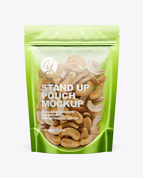 Glossy Transparent Stand-Up Pouch W/ Cashew Nuts Mockup