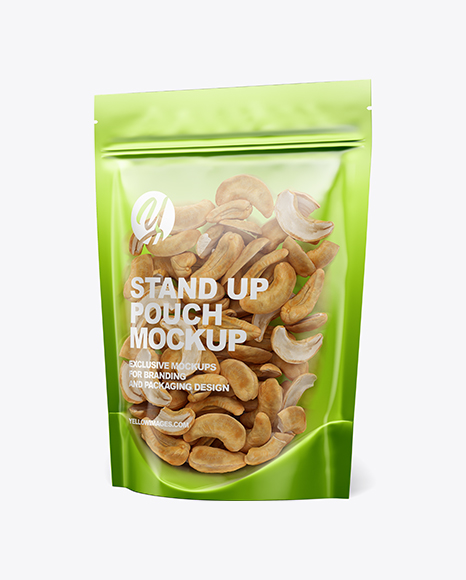 Glossy Transparent Stand-Up Pouch W/ Cashew Nuts Mockup