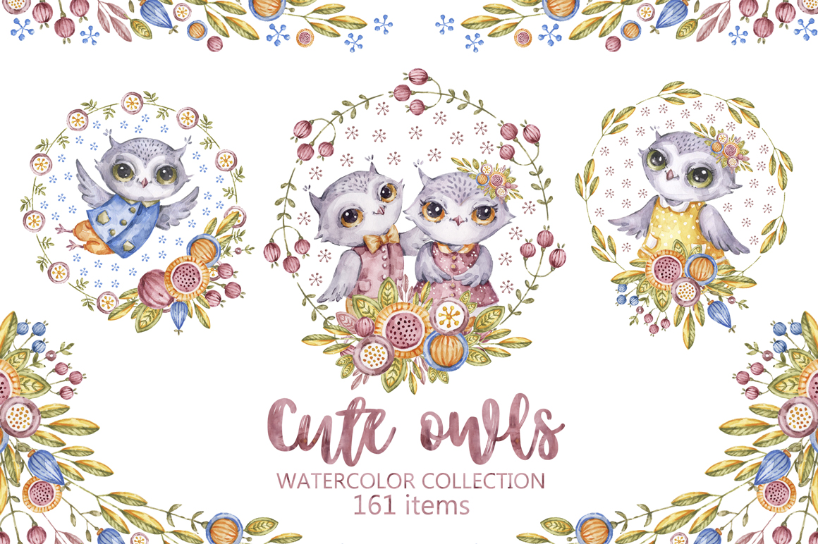 Cute owls. Watercolor collection with floral forest birds. Cute owls. Watercolor collection with floral forest birds.