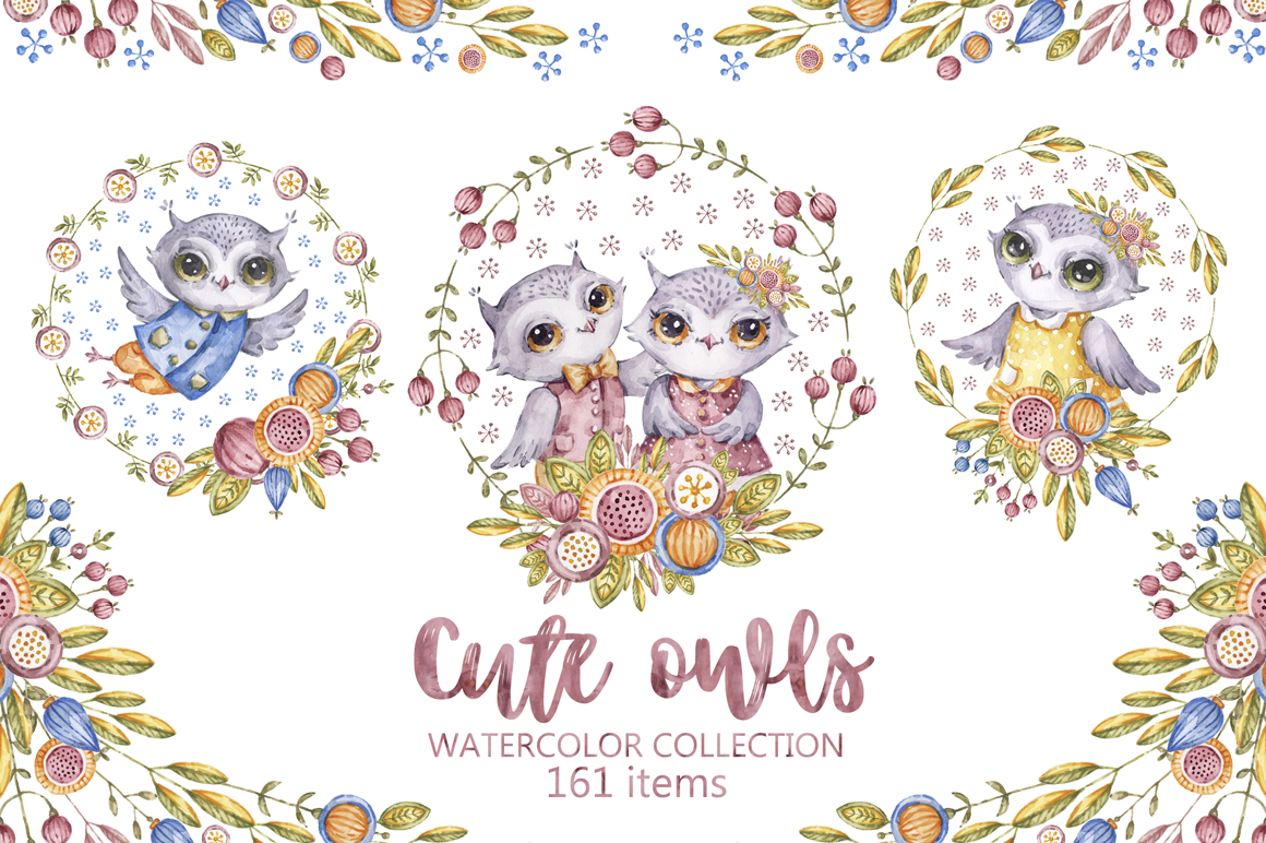 Cute owls. Watercolor collection with floral forest birds.