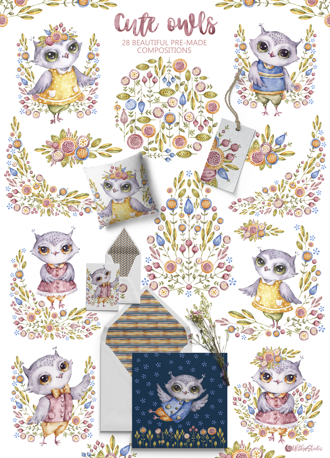 Cute owls. Watercolor collection with floral forest birds.