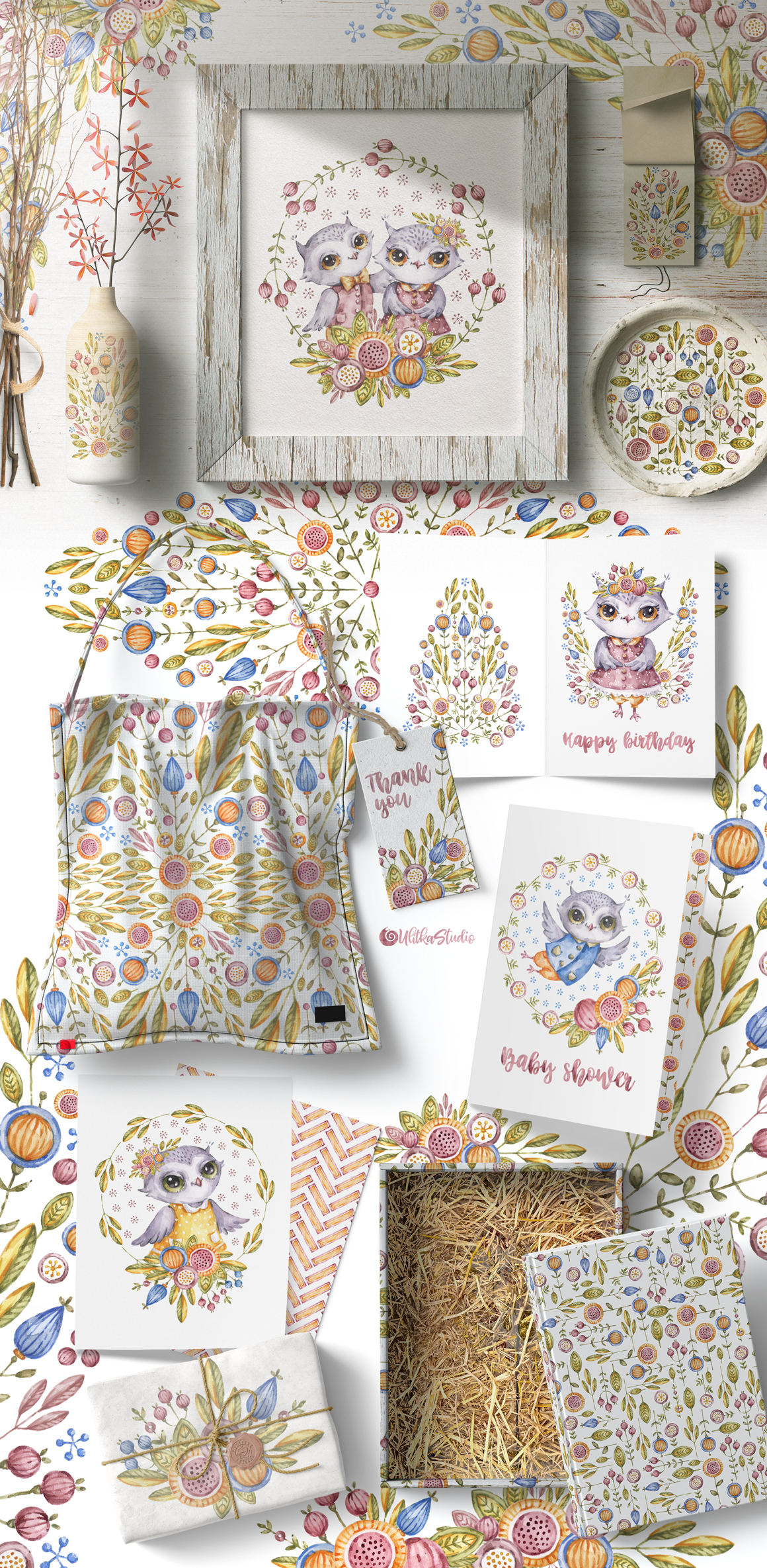 Cute owls. Watercolor collection with floral forest birds.