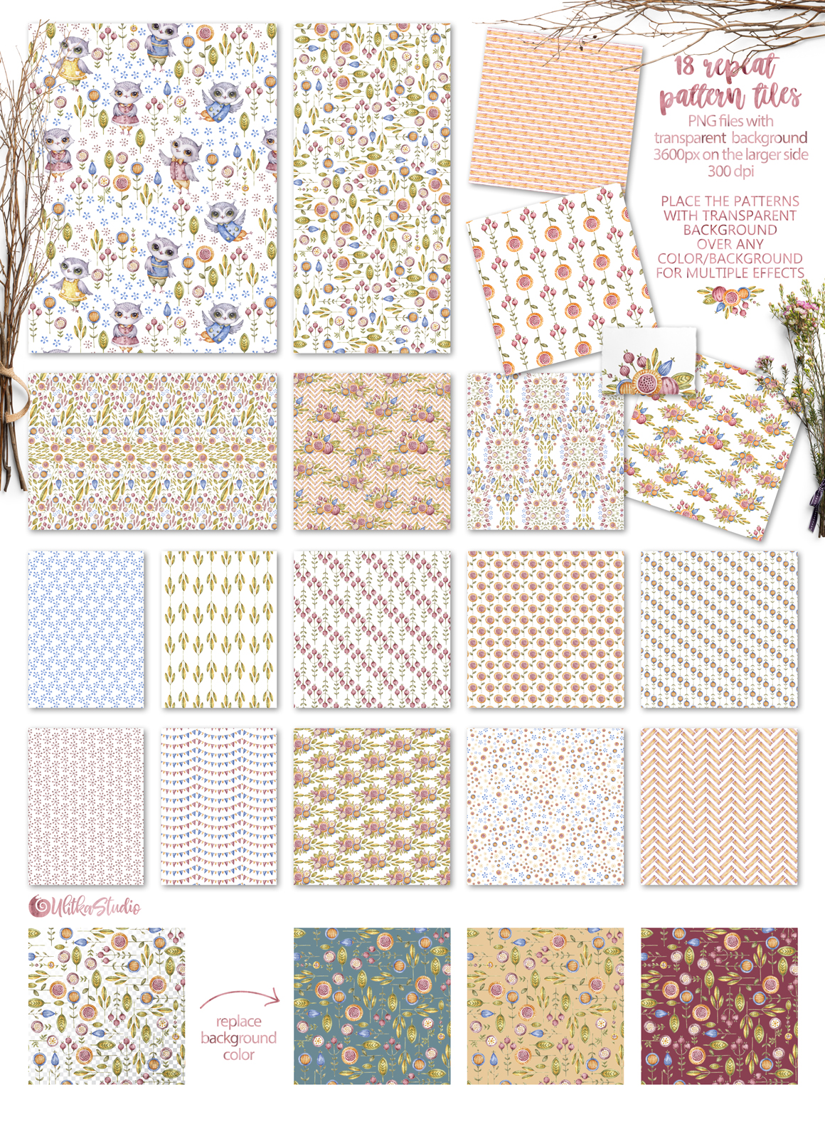 Cute owls. Watercolor collection with floral forest birds. Cute owls. Watercolor collection with floral forest birds.