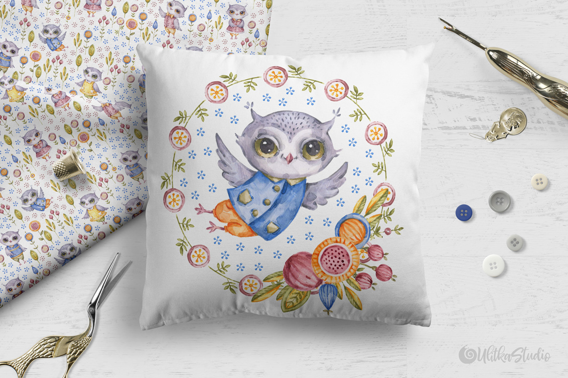 Cute owls. Watercolor collection with floral forest birds.