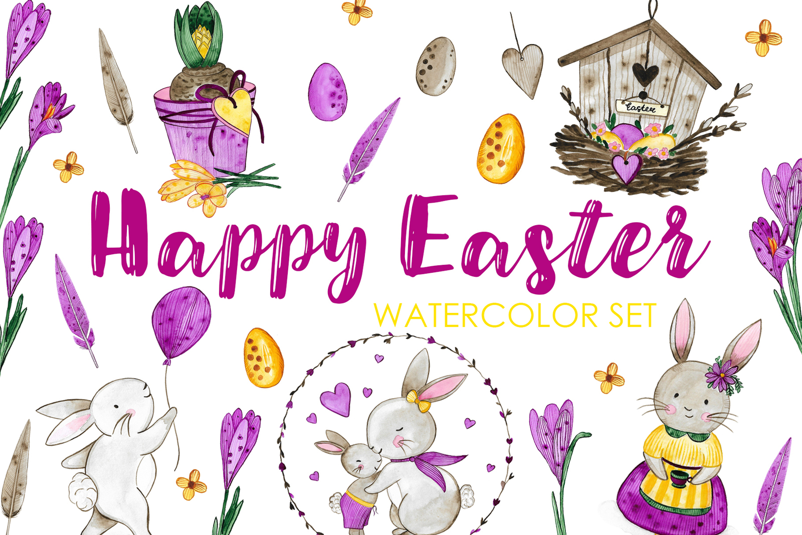 Happy Easter. Watercolor Set. Happy Easter. Watercolor Set.