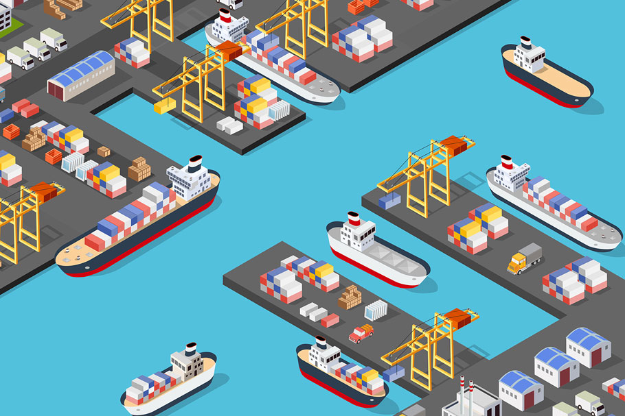 Isometric port cargo ship Isometric port cargo ship