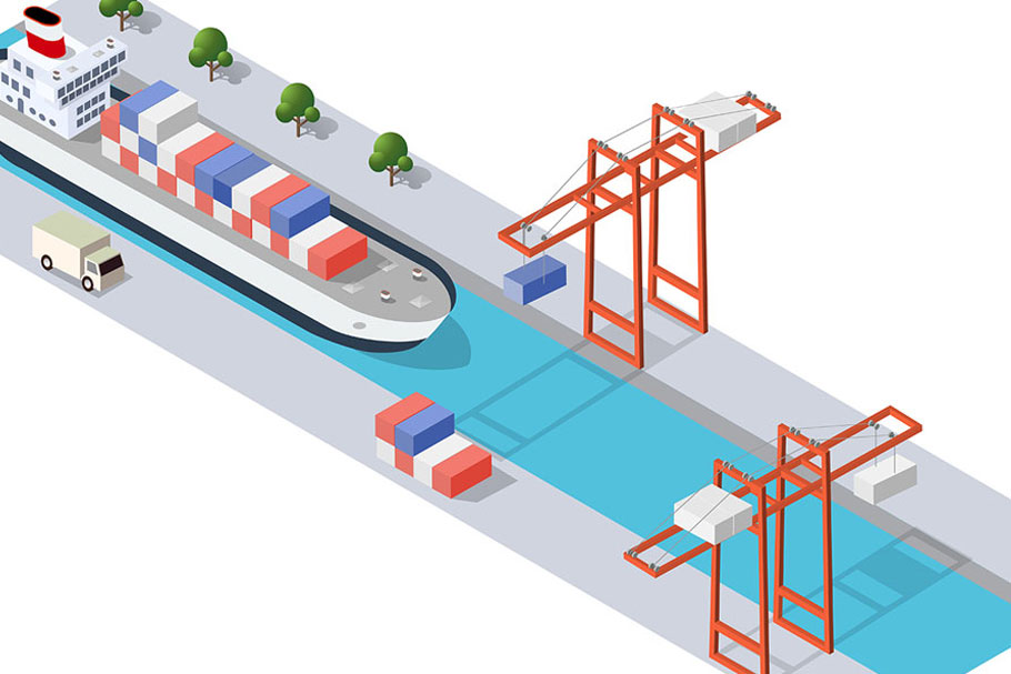 Isometric port cargo ship