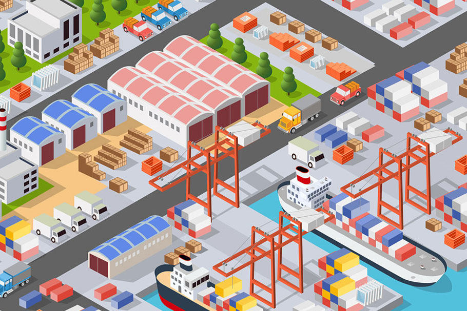 Isometric port cargo ship Isometric port cargo ship