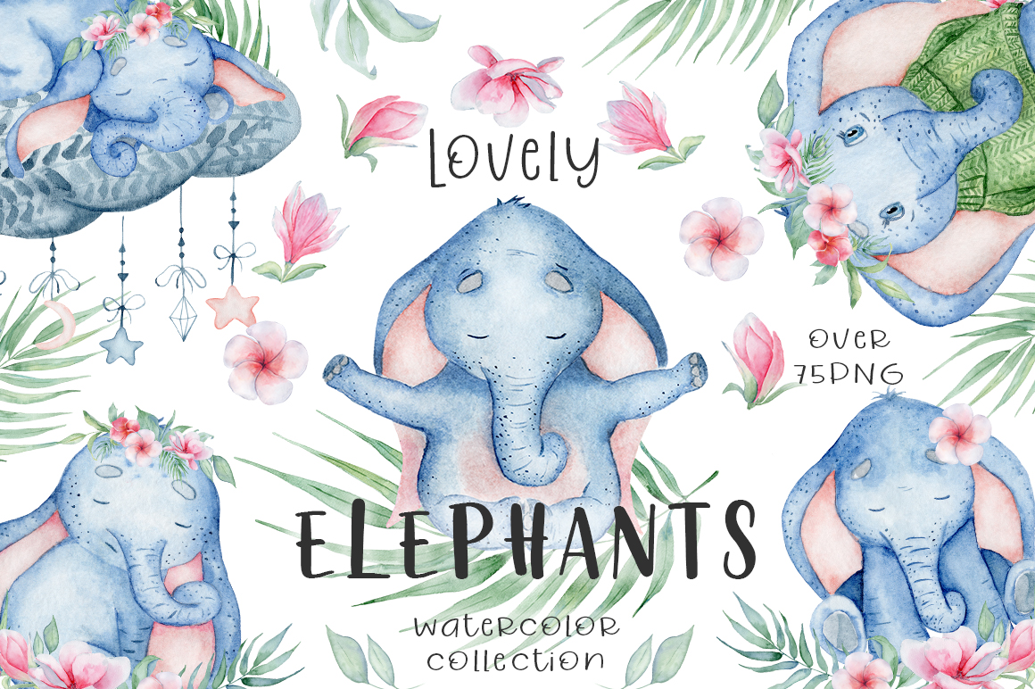 Lovely Elephants Watercolor set animals clipart