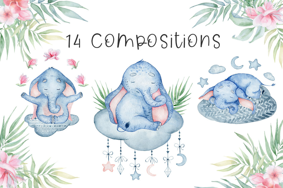 Lovely Elephants Watercolor set animals clipart