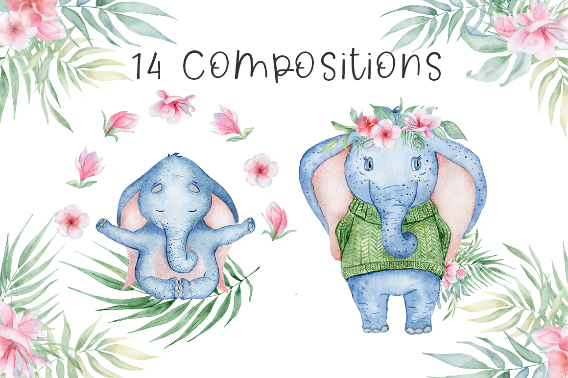 Lovely Elephants Watercolor set animals clipart