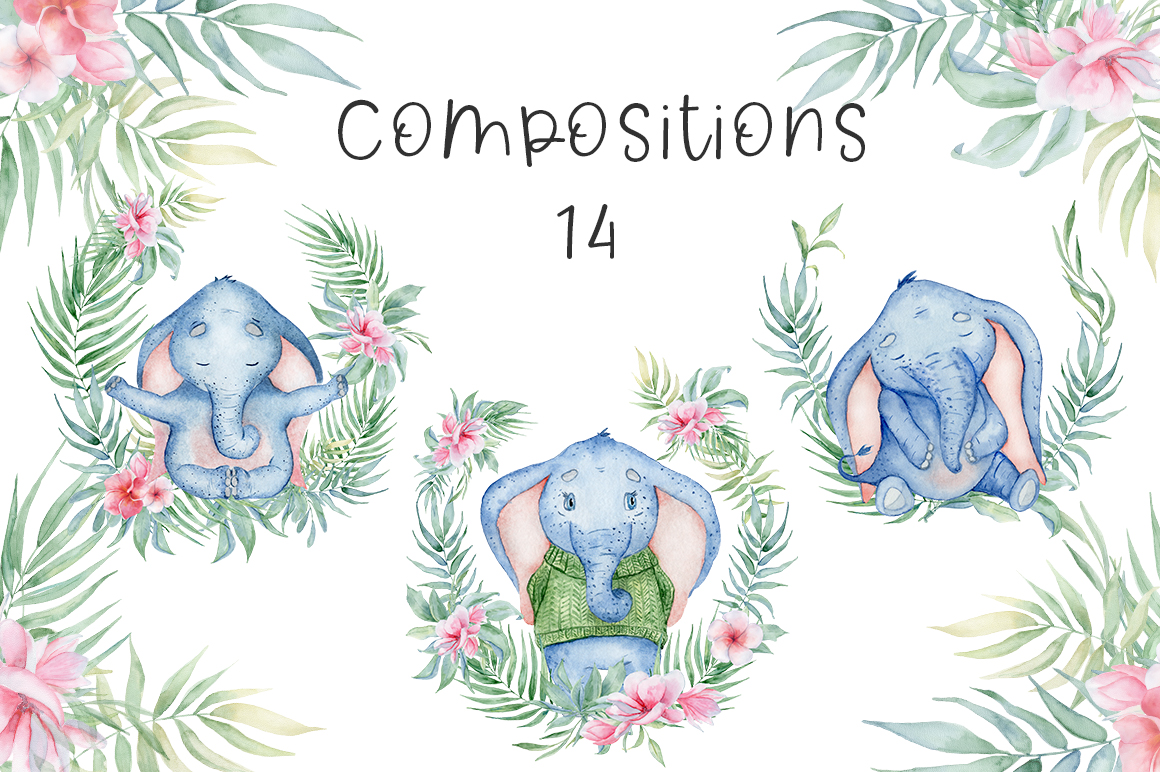 Lovely Elephants Watercolor set animals clipart