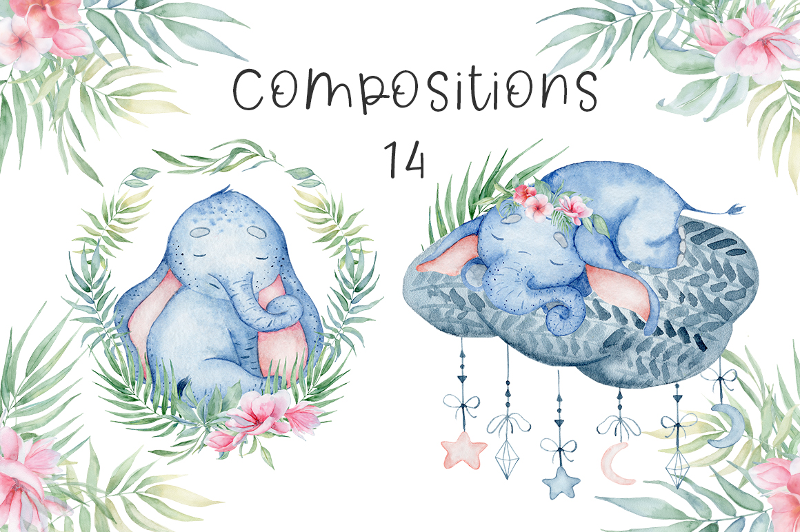 Lovely Elephants Watercolor set animals clipart