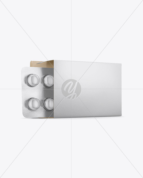 Opened Paper Box &amp; Round Tablets Blister Mockup - Half Side View