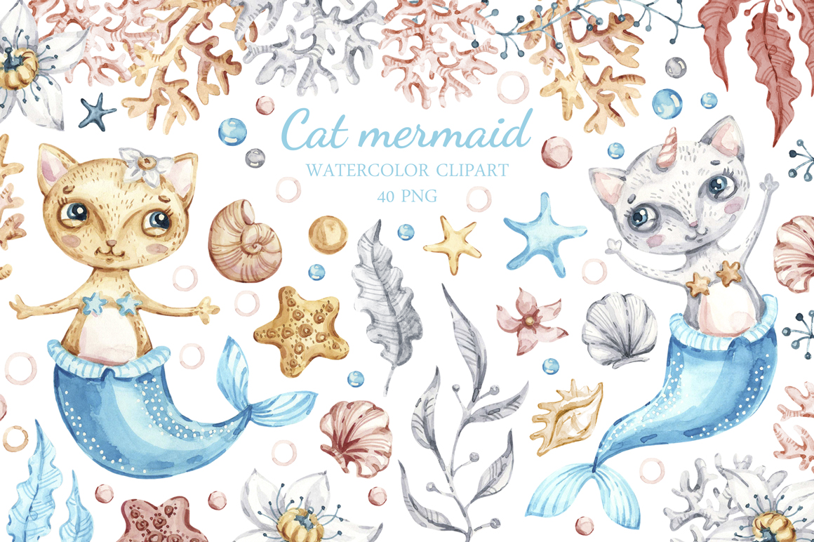 Watercolor cute mermaid cat clipart. Nautical underwater clip art. Seashells clip art. Watercolor cute mermaid cat clipart. Nautical underwater clip art. Seashells clip art.