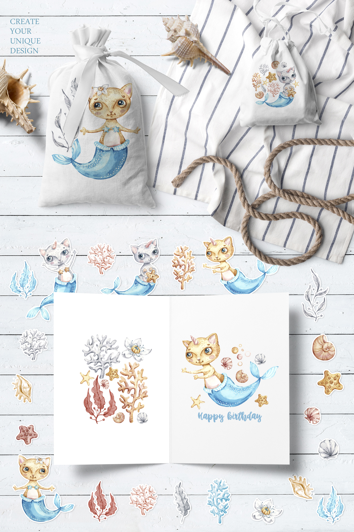 Watercolor cute mermaid cat clipart. Nautical underwater clip art. Seashells clip art.