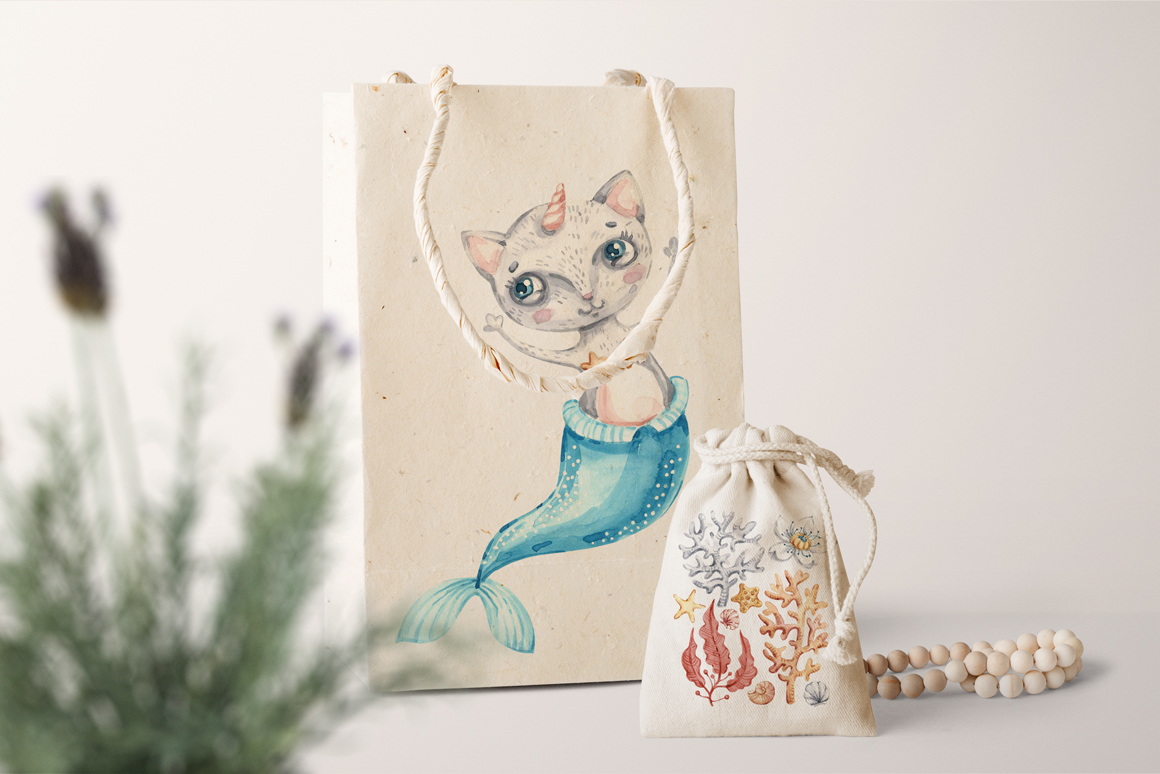 Watercolor cute mermaid cat clipart. Nautical underwater clip art. Seashells clip art. Watercolor cute mermaid cat clipart. Nautical underwater clip art. Seashells clip art.
