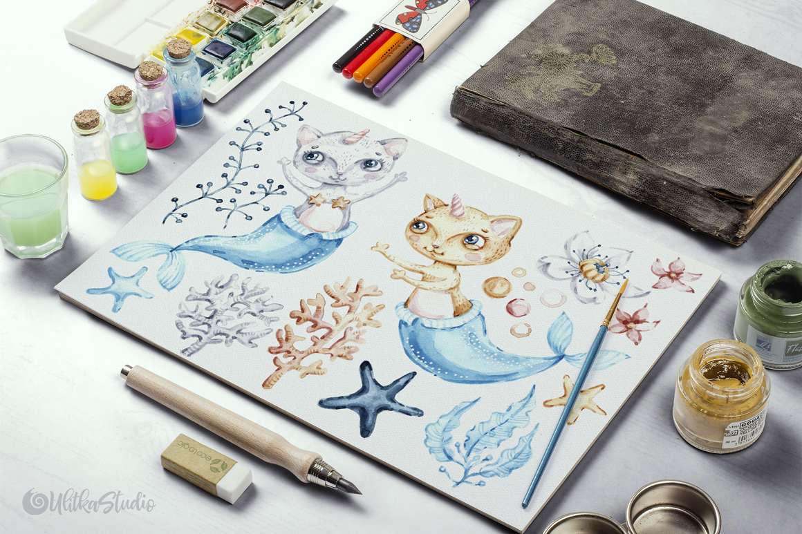 Watercolor cute mermaid cat clipart. Nautical underwater clip art. Seashells clip art. Watercolor cute mermaid cat clipart. Nautical underwater clip art. Seashells clip art.