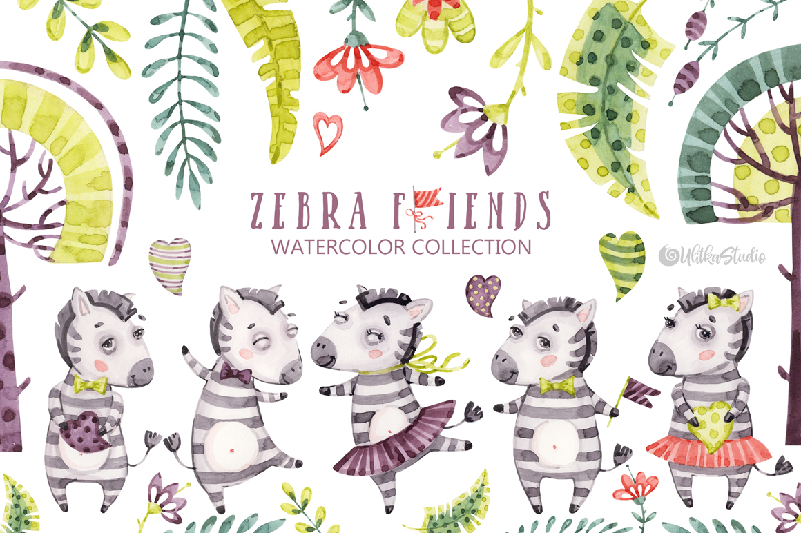 Cute Zebra Friends clip art. Kids watercolor tropical collections. Cute baby animals clipart