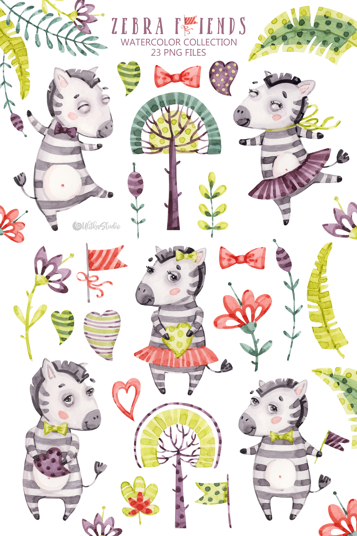 Cute Zebra Friends clip art. Kids watercolor tropical collections. Cute baby animals clipart