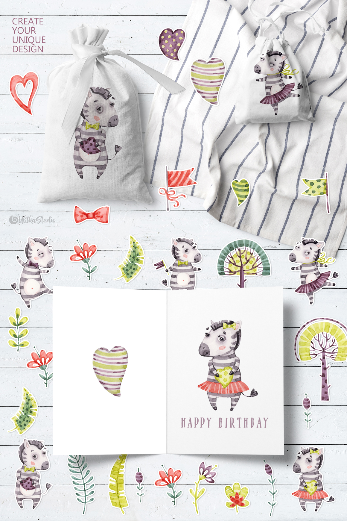 Cute Zebra Friends clip art. Kids watercolor tropical collections. Cute baby animals clipart