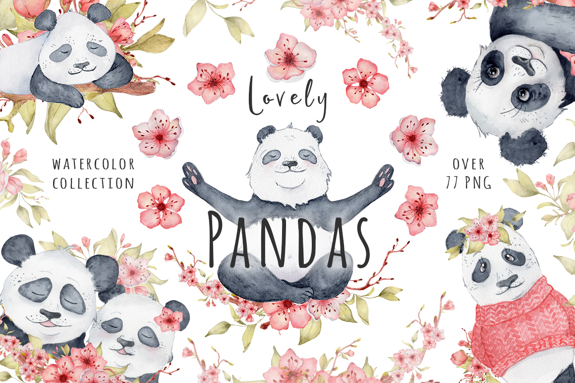 Lovely Pandas and Sakura watercolor set