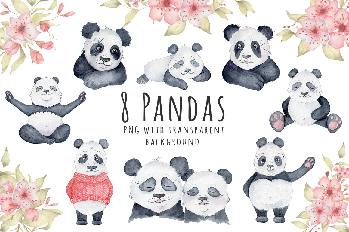 Lovely Pandas and Sakura watercolor set