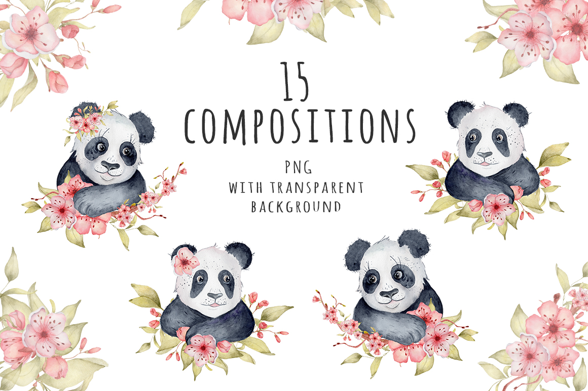 Lovely Pandas and Sakura watercolor set