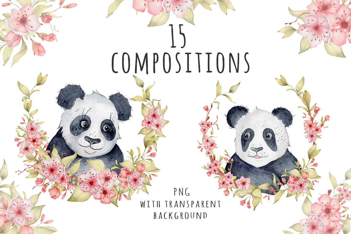 Lovely Pandas and Sakura watercolor set