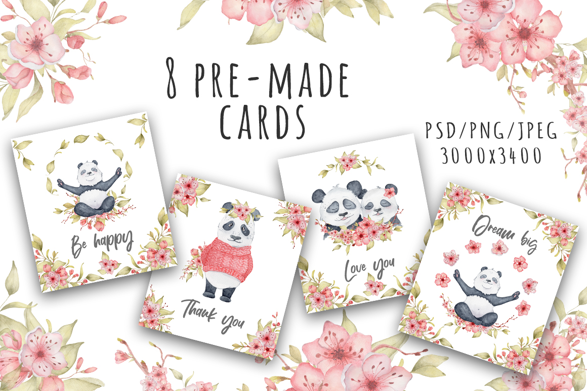 Lovely Pandas and Sakura watercolor set