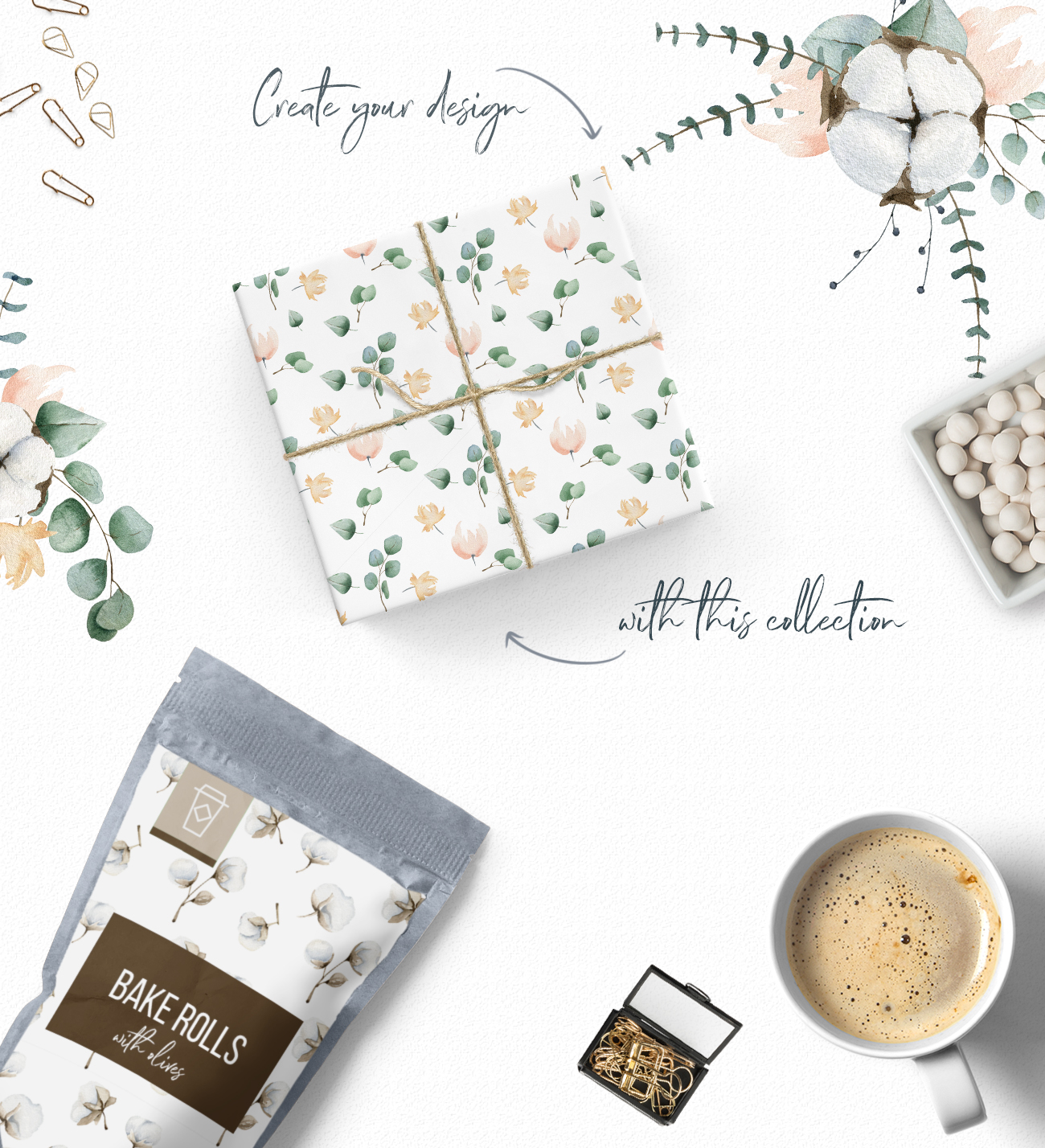 Cotton and Eucalyptus watercolor clipart collection Cotton and Eucalyptus watercolor clipart collection