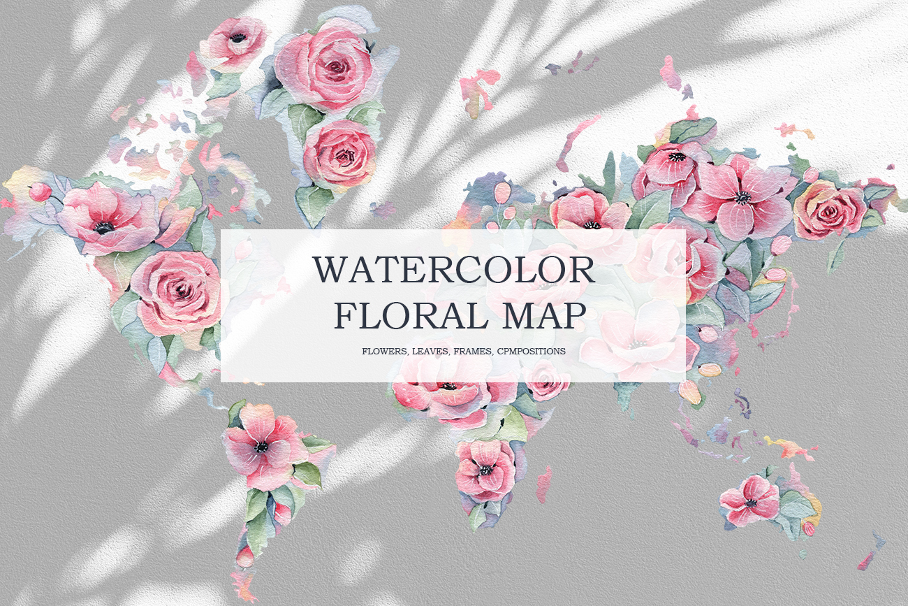 Watercolor Floral map, pink spring and summer flowers