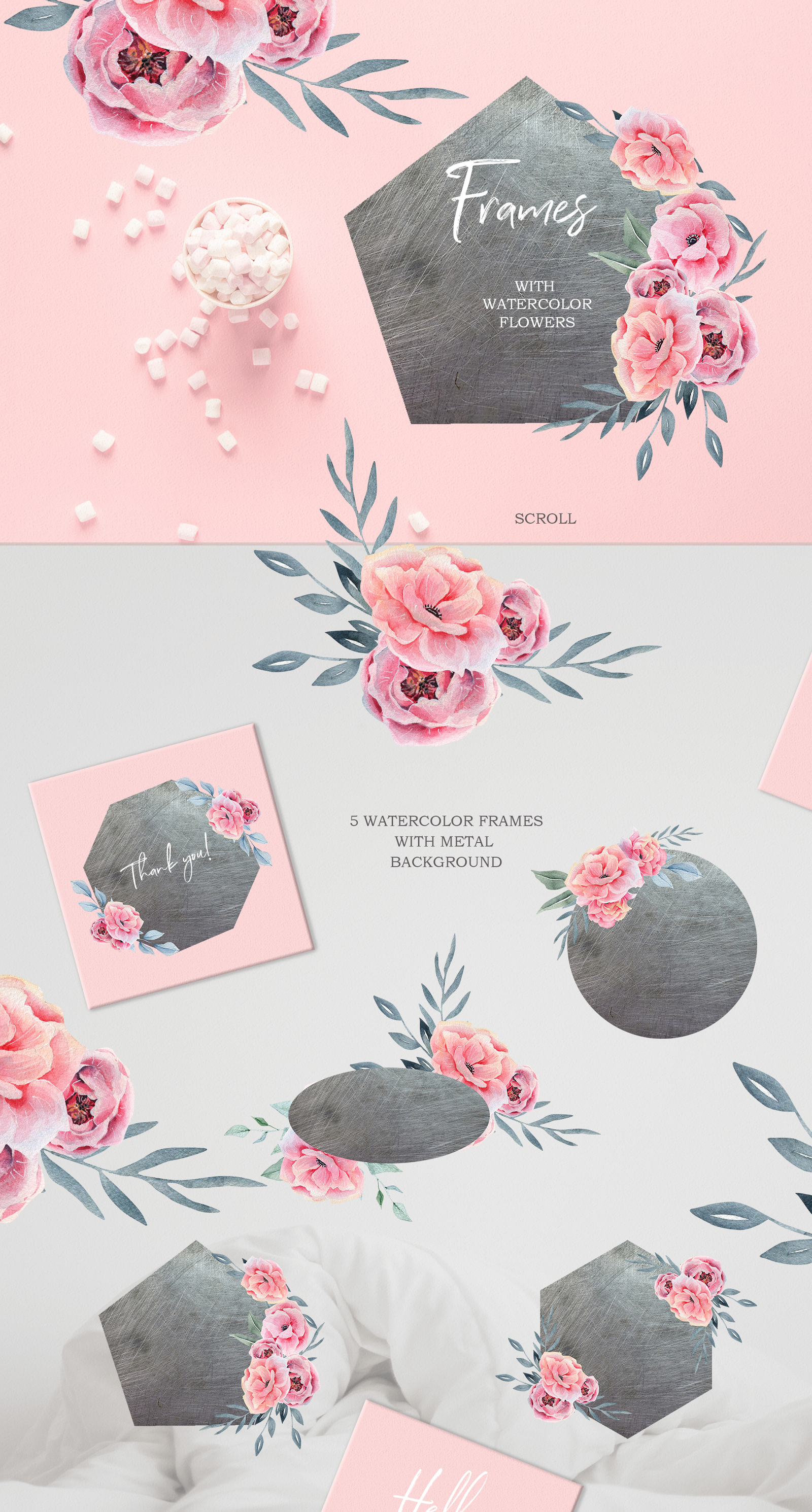 Watercolor Floral map, pink spring and summer flowers