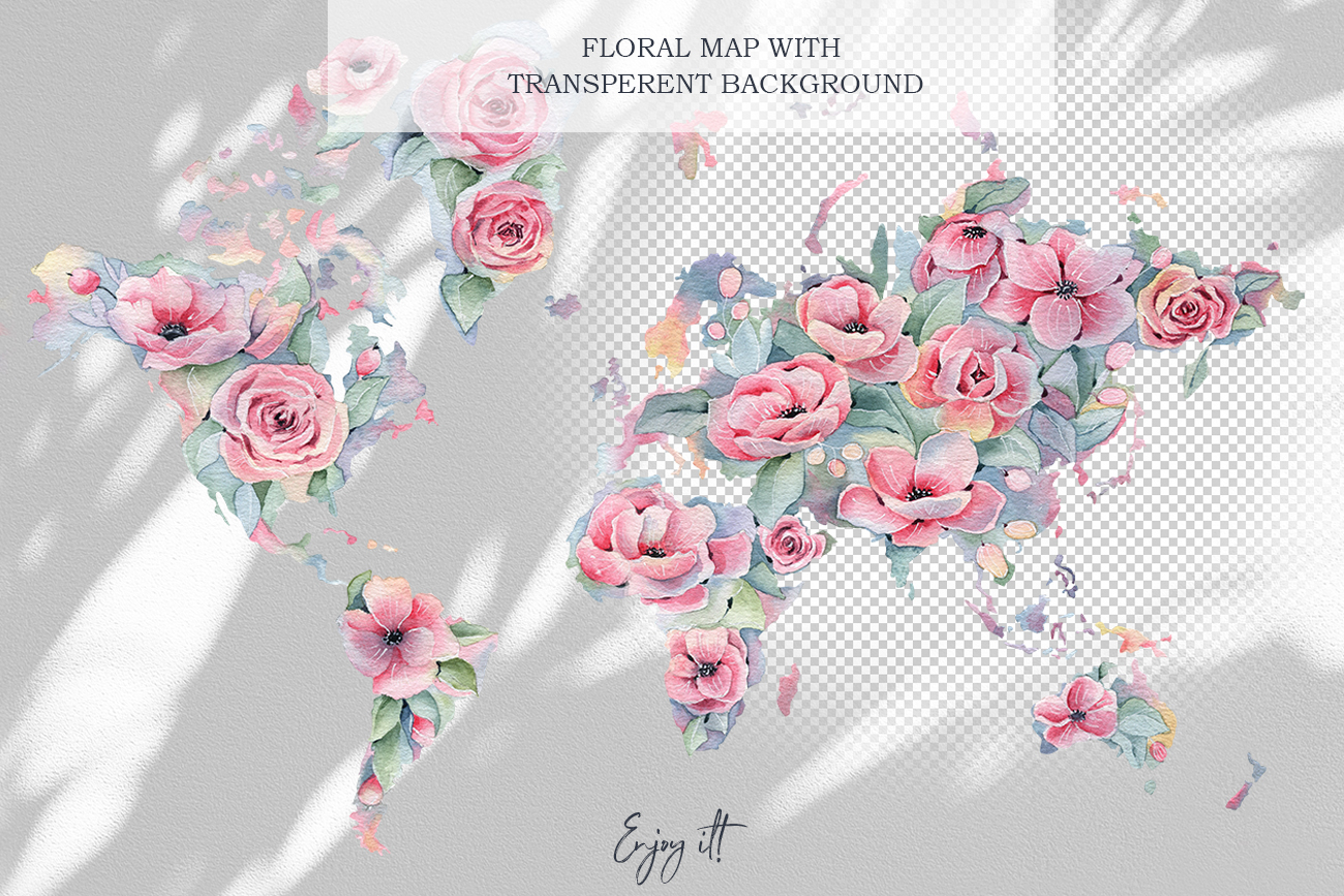 Watercolor Floral map, pink spring and summer flowers