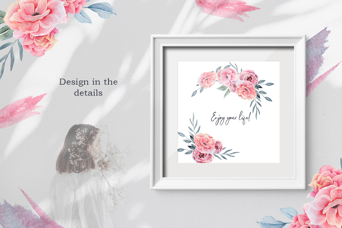 Watercolor Floral map, pink spring and summer flowers Watercolor Floral map, pink spring and summer flowers
