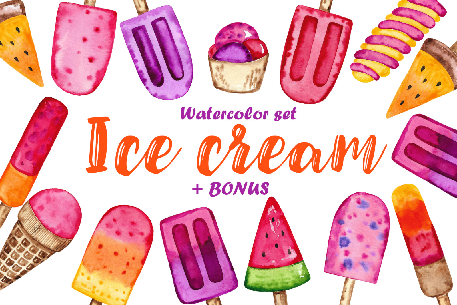 Ice cream. Watercolor set + Bonus Ice cream. Watercolor set + Bonus