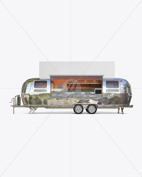 Opened Metallic Food Trailer w/ Signboard Mockup - Side View