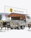 Opened Metallic Food Trailer w/ Signboard Mockup - Half Side View Opened Metallic Food Trailer w/ Signboard Mockup - Half Side View