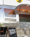 Opened Metallic Food Trailer w/ Signboard Mockup - Half Side View Opened Metallic Food Trailer w/ Signboard Mockup - Half Side View