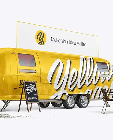 Food Trailer w/ Signboard Mockup - Half Side View