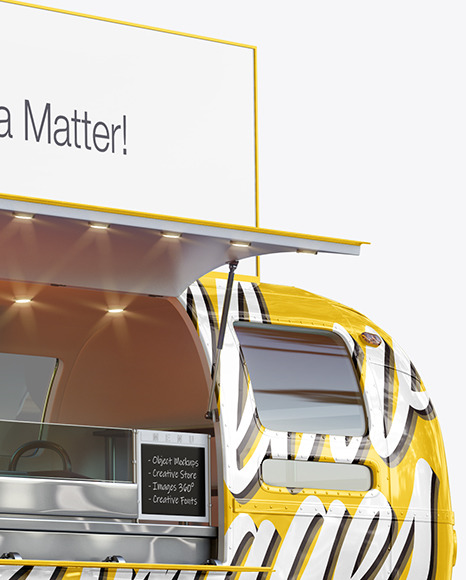 Opened Food Trailer w/ Signboard Mockup - Half Side View