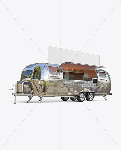 Opened Metallic Food Trailer w/ Signboard Mockup - Half Side View