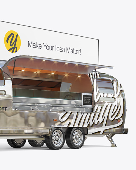 Opened Metallic Food Trailer w/ Signboard Mockup - Half Side View