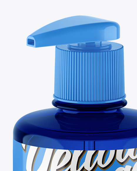 Blue Liquid Soap Bottle with Pump Mockup - Halfside View (High-Angle Shot)