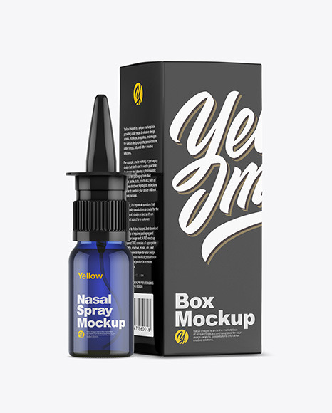 Blue Nasal Spray Bottle w Box Mockup - Download+Psd+Mockup+Golden+Layer+Half+Side+View+Medicine+...