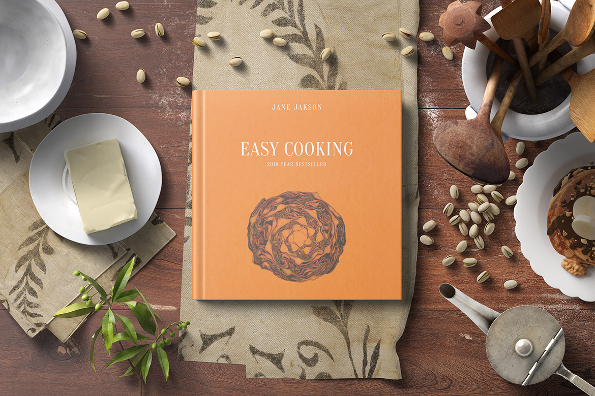 Square Cook Book Mockup - Kitchen Set Square Cook Book Mockup - Kitchen Set